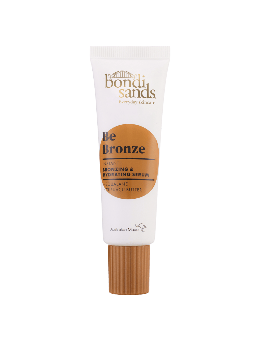 A white tube of BondiSandsEU Be Bronze Instant Bronzing & Hydrating Serum with a brown cap and gold, white, and brown label; a glow-giving serum designed for a radiant complexion.