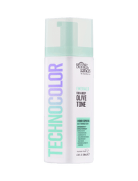 A bottle of BondiSandsEU Emerald Technocolor 1 Hour Express Self Tanning Foam for medium skin tones, with a gradient teal and purple label plus pump, is shown on a white background—ideal for an express tan and deep olive finish.