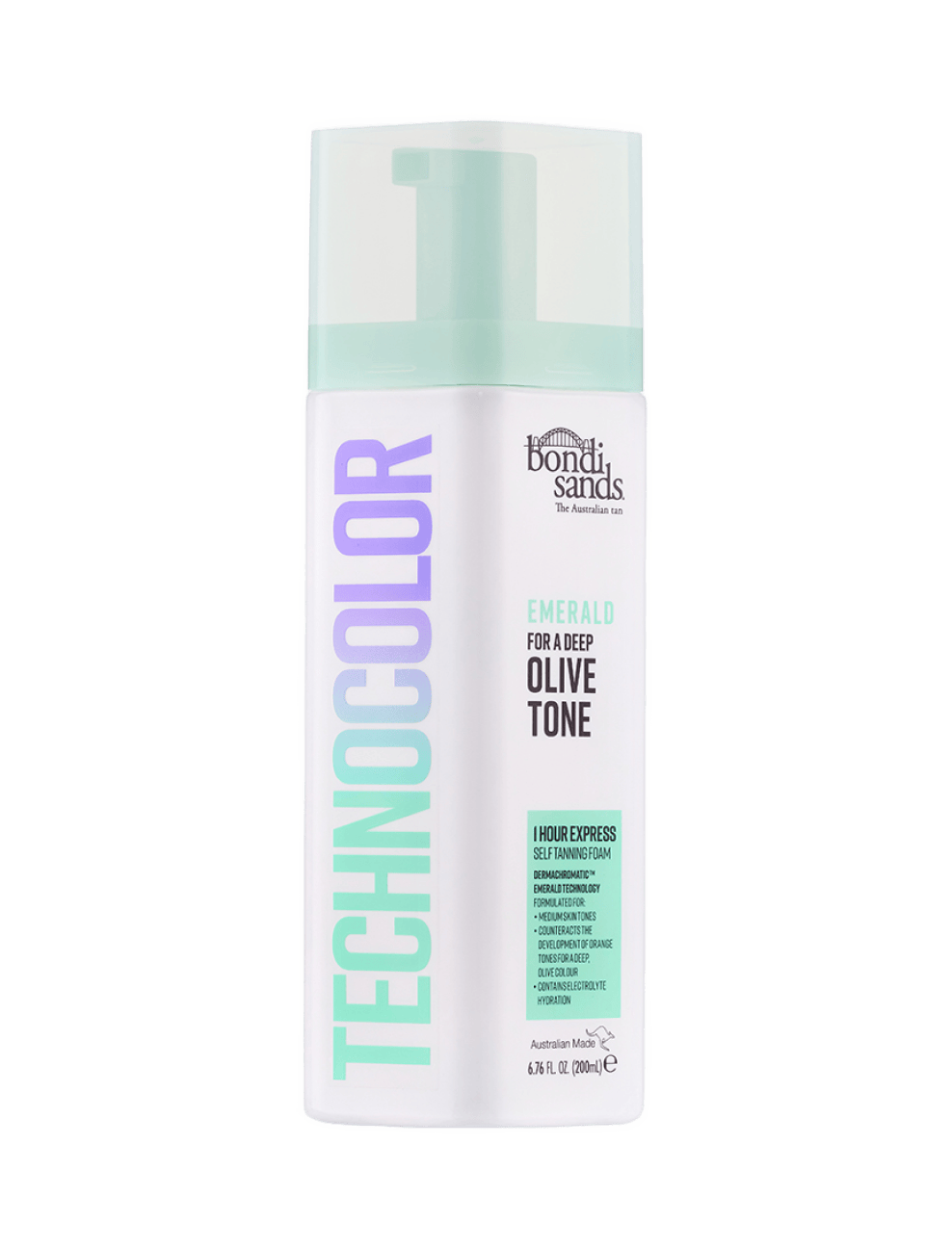 A bottle of BondiSandsEU Emerald Technocolor 1 Hour Express Self Tanning Foam for medium skin tones, with a gradient teal and purple label plus pump, is shown on a white background—ideal for an express tan and deep olive finish.