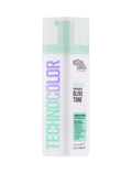 A bottle of BondiSandsEU Emerald Technocolor 1 Hour Express Self Tanning Foam for medium skin tones, with a gradient teal and purple label plus pump, is shown on a white background—ideal for an express tan and deep olive finish.