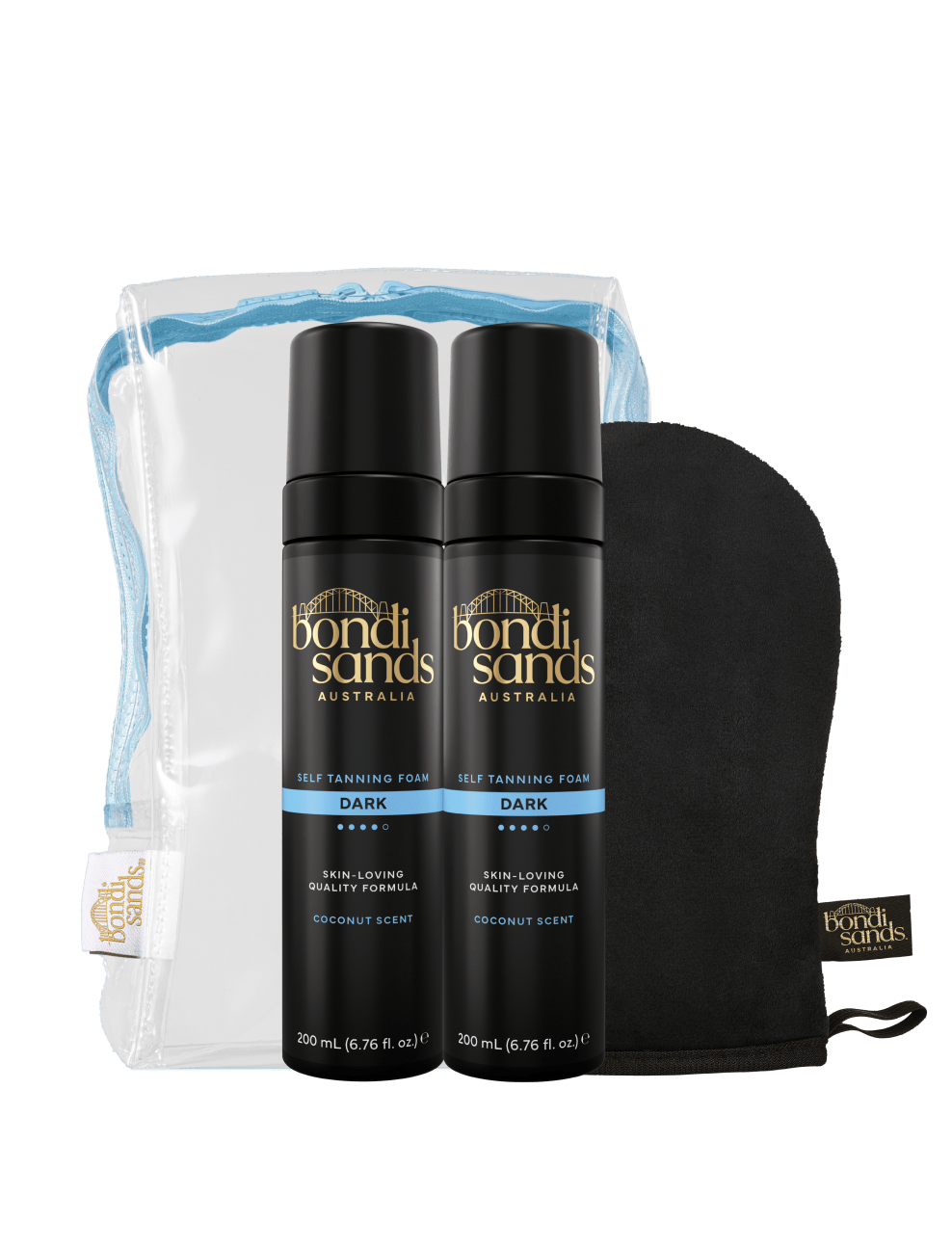 The BondiSandsEU Dark Foam Gift Set, featuring two bottles of self tanning foam, a black tanning mitt, and a clear blue-trimmed pouch, is displayed against a white background—ideal for flawless self tans.