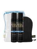 The BondiSandsEU Dark Foam Gift Set, featuring two bottles of self tanning foam, a black tanning mitt, and a clear blue-trimmed pouch, is displayed against a white background—ideal for flawless self tans.