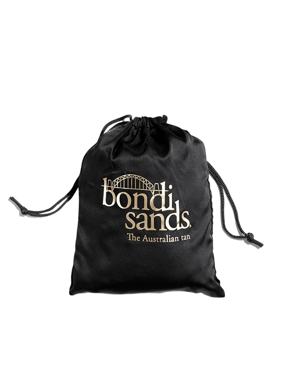 The BondiSandsEU Self Tanning Sheet Protector is a black drawstring bag with gold lettering and a stylized bridge, ideal for storing your self-tan essentials and keeping your tanning routine organized.