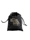 The BondiSandsEU Self Tanning Sheet Protector is a black drawstring bag with gold lettering and a stylized bridge, ideal for storing your self-tan essentials and keeping your tanning routine organized.