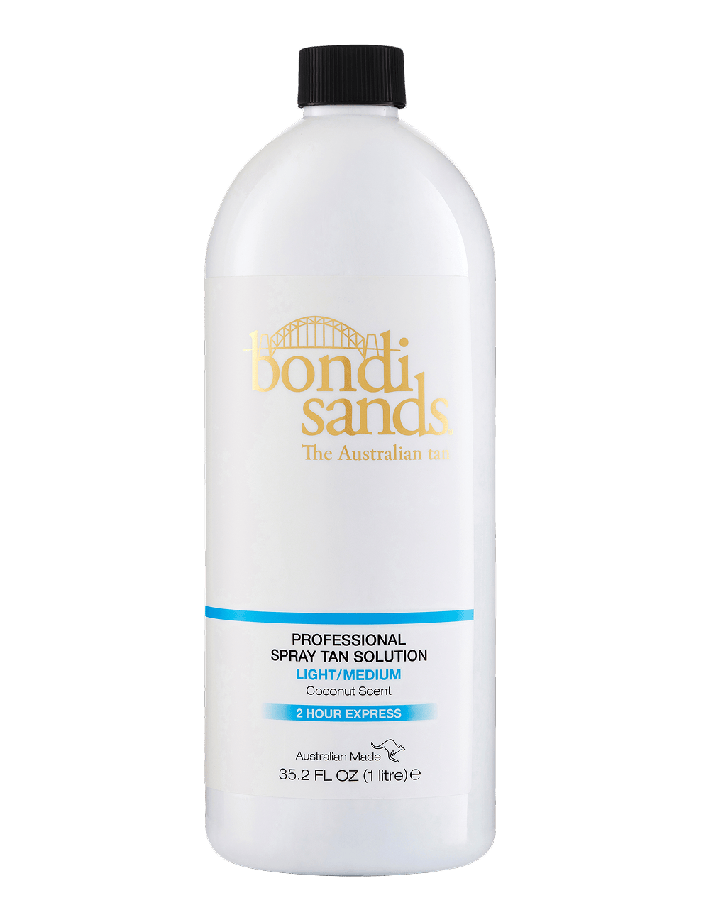 BondiSandsEU Salon Solution Light-Medium is a fast-drying, coconut-scented 1L spray tan with a blue label and gold writing. This 2 Hour Express formula delivers quick, professional results in a light/medium shade.