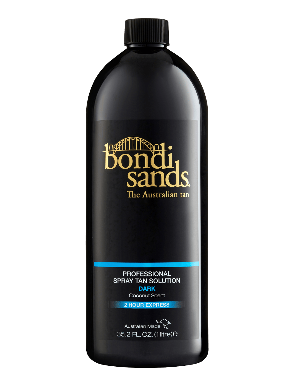 A black 1L bottle of BondiSandsEU Salon Solution Dark, coconut scented, 2 hour express formula, with gold and blue text on the front for a fast-drying finish.