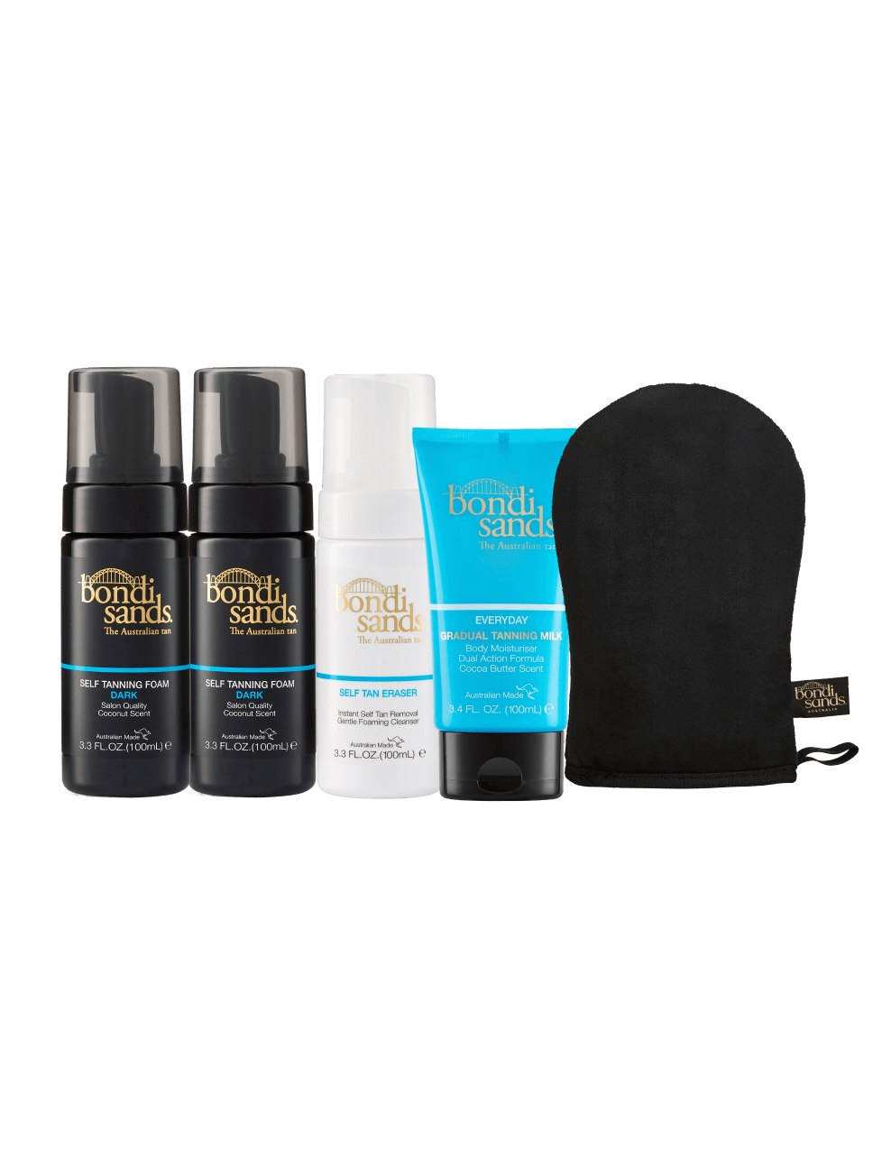 The BondiSandsEU Starter Bundle is displayed with five products—two self tanning foams, a tan remover, gradual tanning milk, and a black application mitt—all standing upright against a white background.