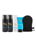 The BondiSandsEU Starter Bundle is displayed with five products—two self tanning foams, a tan remover, gradual tanning milk, and a black application mitt—all standing upright against a white background.