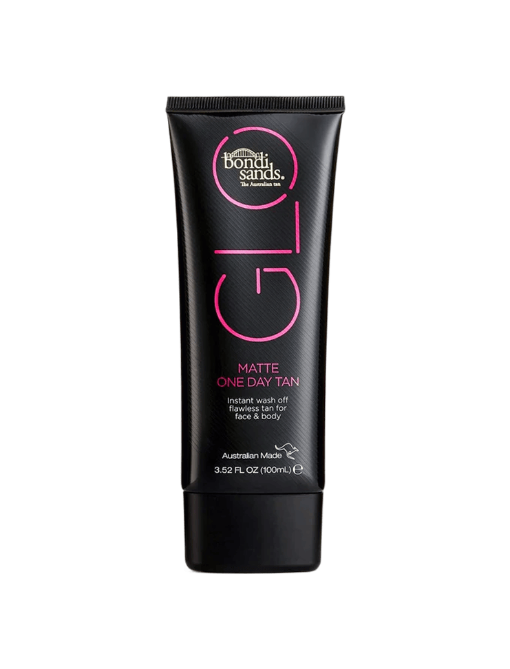 A black tube of BondiSandsEU GLO Matte One Day Tan, 100 mL, with white and pink text, provides an instant, natural-looking tan for face and body.