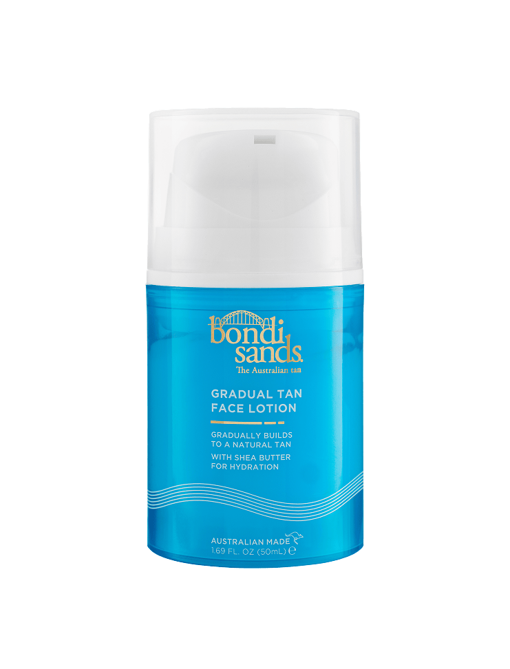 A blue and white 50ml bottle of BondiSandsEU Gradual Self Tanning Face Lotion, dermatologist approved and non-comedogenic, adds a natural tan with hydrating shea butter. Gold and white text adorn the bottle against a light background.