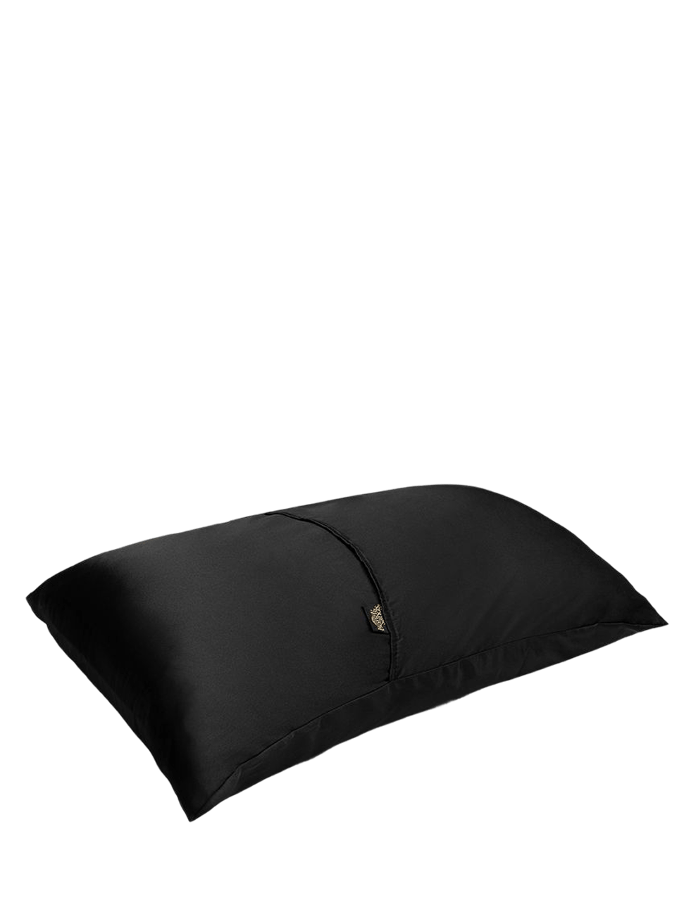 The BondiSandsEU Self Tanning Pillow Protector in black silk is displayed against a white background, featuring a small tag and providing mess-free tan transfer protection.
