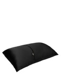 The BondiSandsEU Self Tanning Pillow Protector in black silk is displayed against a white background, featuring a small tag and providing mess-free tan transfer protection.