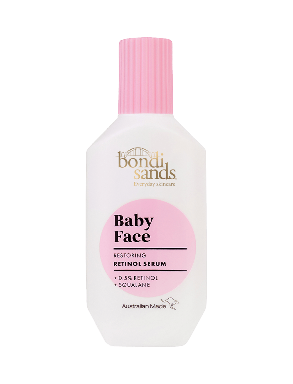 A white bottle of BondiSandsEU Baby Face Retinol Serum with a pink cap and label, featuring 0.5% retinol and squalane to reduce fine lines for youthful skin. The Australian Made logo is also displayed on the bottle.
