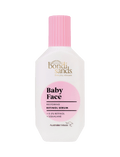 A white bottle of BondiSandsEU Baby Face Retinol Serum with a pink cap and label, featuring 0.5% retinol and squalane to reduce fine lines for youthful skin. The Australian Made logo is also displayed on the bottle.