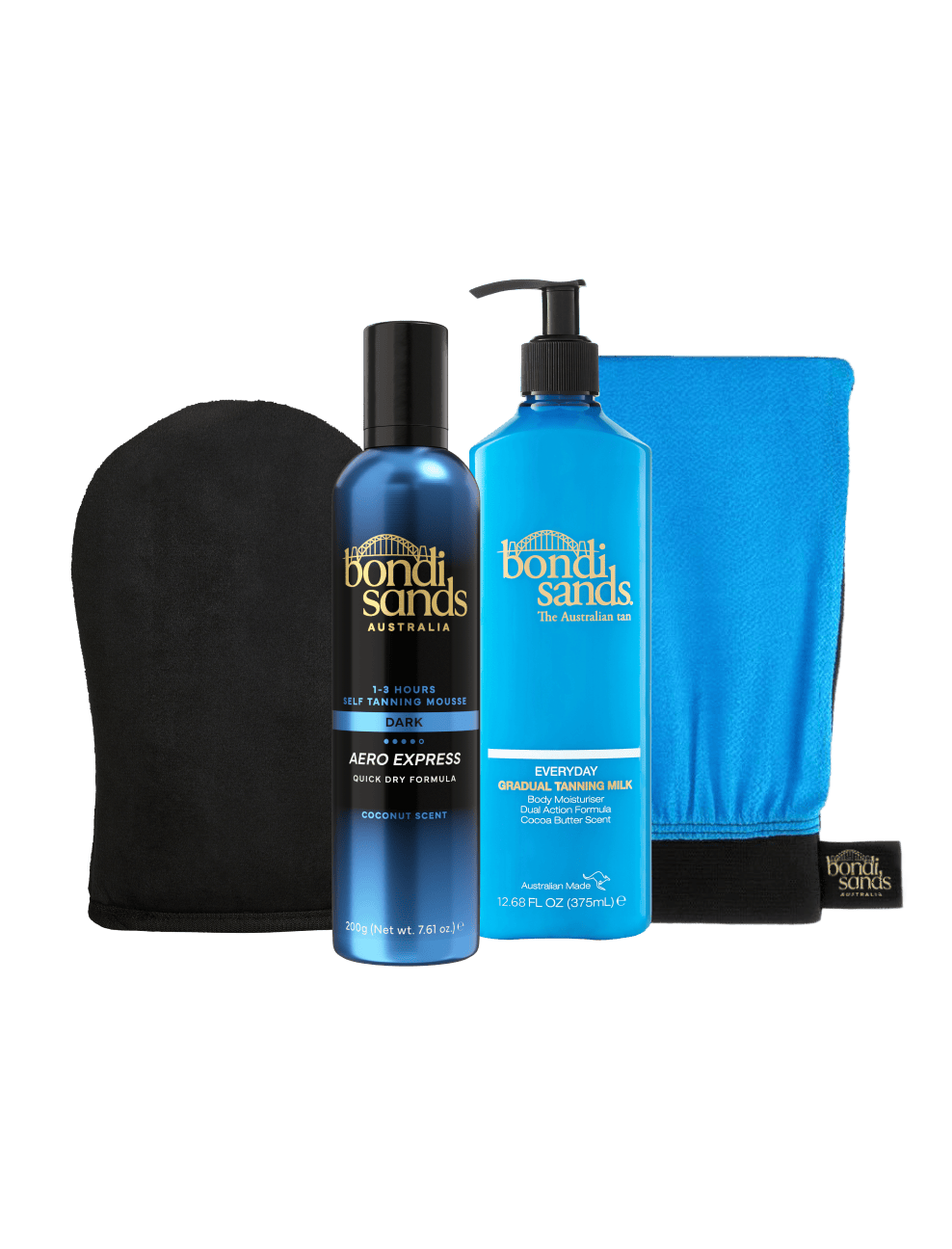 The BondiSandsEU Aero Express Self Tanning Routine Bundle includes an application mitt, Aero Express self tanning mousse, gradual self tanning milk (both in blue bottles), and a blue towel—all arranged upright.