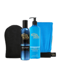 The BondiSandsEU Aero Express Self Tanning Routine Bundle includes an application mitt, Aero Express self tanning mousse, gradual self tanning milk (both in blue bottles), and a blue towel—all arranged upright.