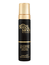 A 200 mL (7.04 fl oz) black and gold bottle of BondiSandsEU Liquid Gold Self Tanning Foam with a gold cap, labeled salon-quality self-tanner with a coconut scent for a golden glow.