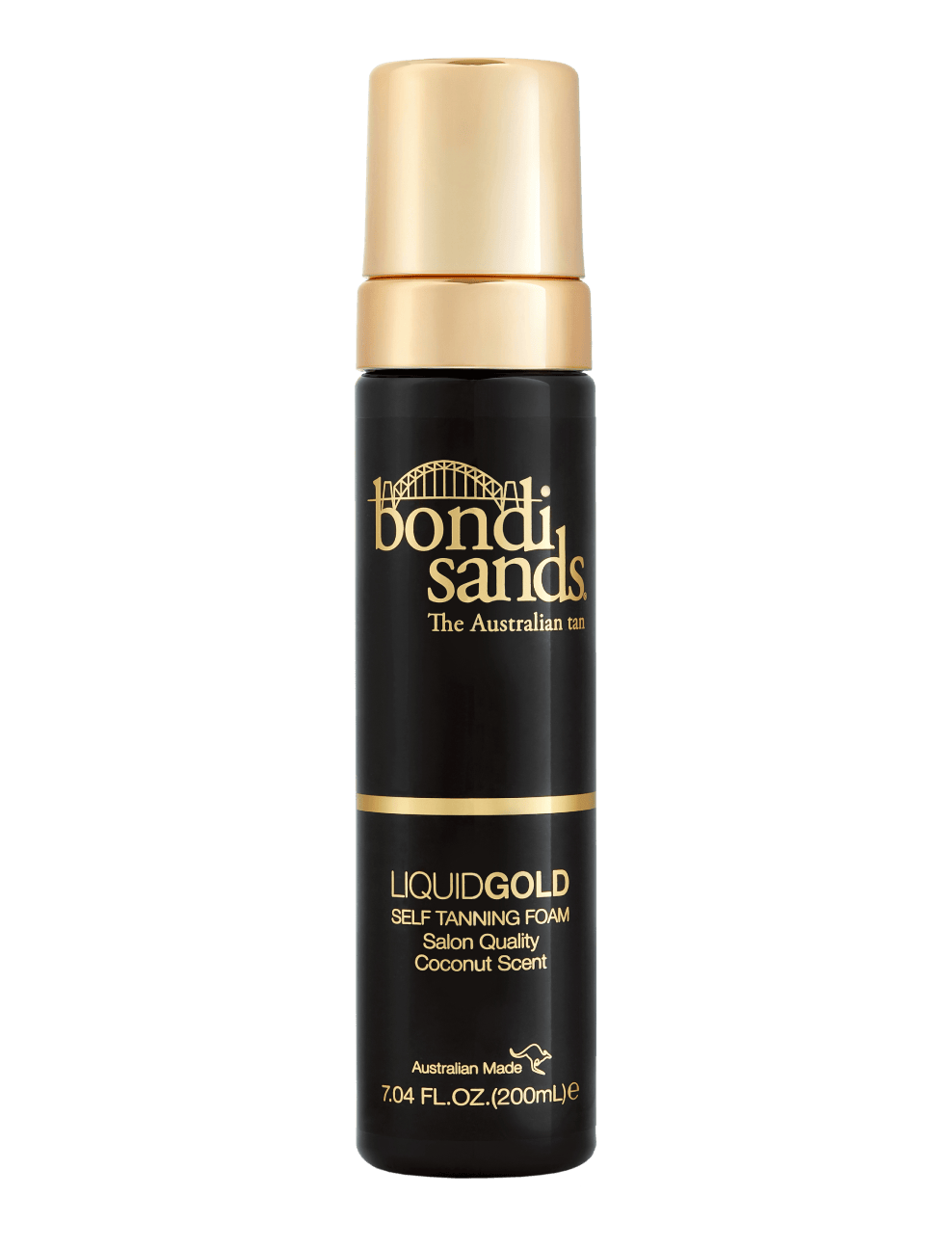 A 200 mL (7.04 fl oz) black and gold bottle of BondiSandsEU Liquid Gold Self Tanning Foam with a gold cap, labeled salon-quality self-tanner with a coconut scent for a golden glow.