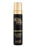 A 200 mL (7.04 fl oz) black and gold bottle of BondiSandsEU Liquid Gold Self Tanning Foam with a gold cap, labeled salon-quality self-tanner with a coconut scent for a golden glow.