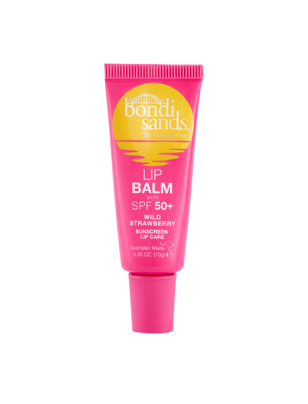A pink tube of BondiSandsEU Strawberry SPF 50+ Lip Balm in Wild Strawberry flavor stands upright, featuring yellow and white text on the packaging and containing 0.35 oz (10g) of hydrating product.