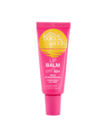 A pink tube of BondiSandsEU Strawberry SPF 50+ Lip Balm in Wild Strawberry flavor stands upright, featuring yellow and white text on the packaging and containing 0.35 oz (10g) of hydrating product.