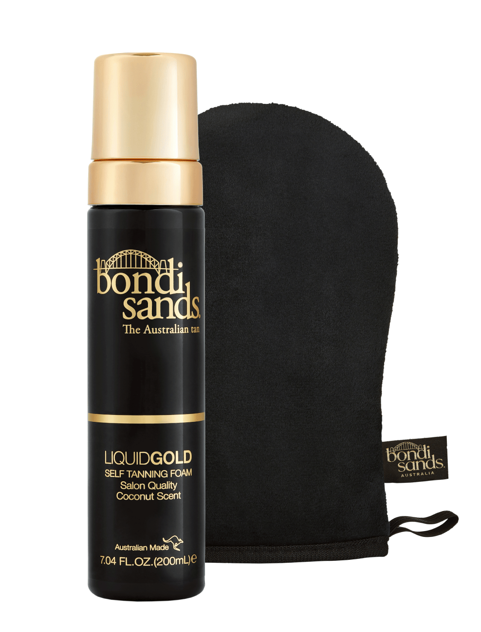 The BondiSandsEU Liquid Gold Self Tanning Foam & Application Mitt Bundle features a sleek 200 mL black and gold bottle with gold text, paired with a branded mitt—an ideal duo for your flawless self-tanning routine.