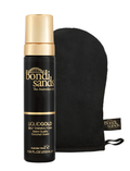 The BondiSandsEU Liquid Gold Self Tanning Foam & Application Mitt Bundle features a sleek 200 mL black and gold bottle with gold text, paired with a branded mitt—an ideal duo for your flawless self-tanning routine.