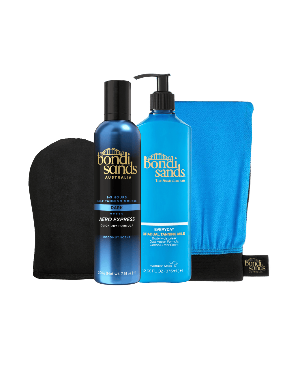 The BondiSandsEU Aero Express Self Tanning Routine Bundle includes an application mitt, a blue bottle of Aero Express Self Tanning Mousse, a blue pump bottle of Everyday Gradual Tanning Milk, and a vibrant blue towel, all elegantly arranged against a white background.