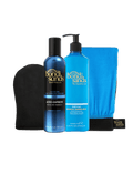 The BondiSandsEU Aero Express Self Tanning Routine Bundle includes an application mitt, a blue bottle of Aero Express Self Tanning Mousse, a blue pump bottle of Everyday Gradual Tanning Milk, and a vibrant blue towel, all elegantly arranged against a white background.