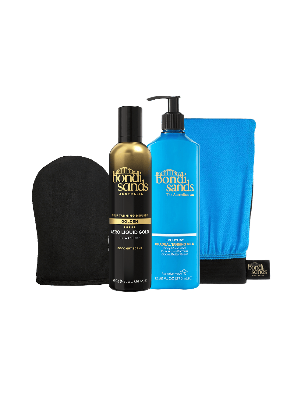 BondiSandsEU Liquid Gold Aero Self Tanning Mousse Bundle displayed upright on a white background, featuring a black mitt, a gold aerosol bottle of self tanning mousse, a blue pump bottle of gradual self tanning milk, and a blue applicator glove.