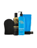 BondiSandsEU Liquid Gold Aero Self Tanning Mousse Bundle displayed upright on a white background, featuring a black mitt, a gold aerosol bottle of self tanning mousse, a blue pump bottle of gradual self tanning milk, and a blue applicator glove.
