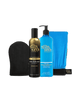 BondiSandsEU Liquid Gold Aero Self Tanning Mousse Bundle displayed upright on a white background, featuring a black mitt, a gold aerosol bottle of self tanning mousse, a blue pump bottle of gradual self tanning milk, and a blue applicator glove.