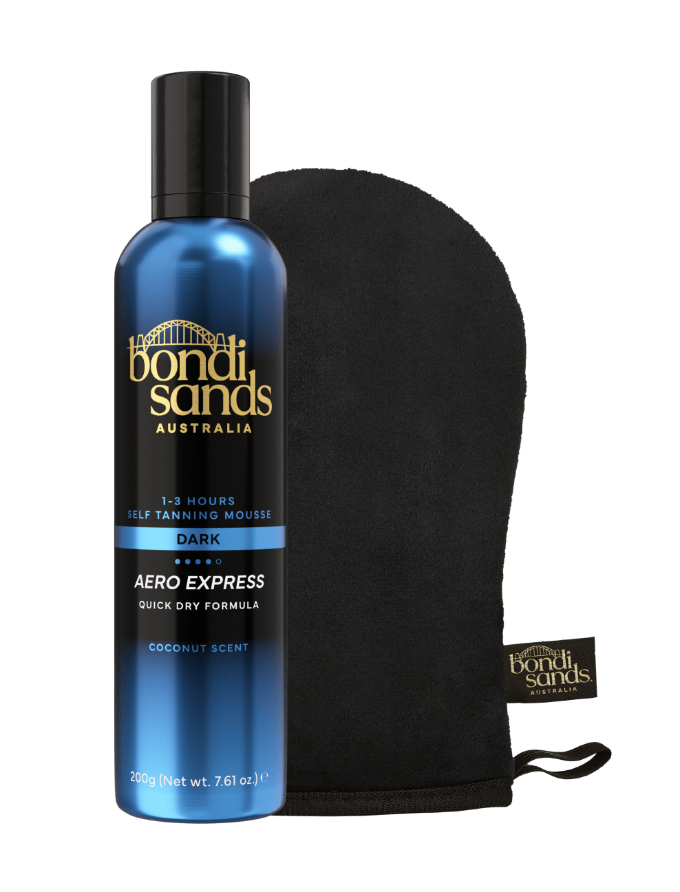 A bottle of BondiSandsEU Aero Express Self Tanning Mousse with a coconut scent is paired with a black Application Mitt, forming the perfect self tanning bundle for a flawless tan, displayed on a white background.