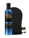 A bottle of BondiSandsEU Aero Express Self Tanning Mousse with a coconut scent is paired with a black Application Mitt, forming the perfect self tanning bundle for a flawless tan, displayed on a white background.
