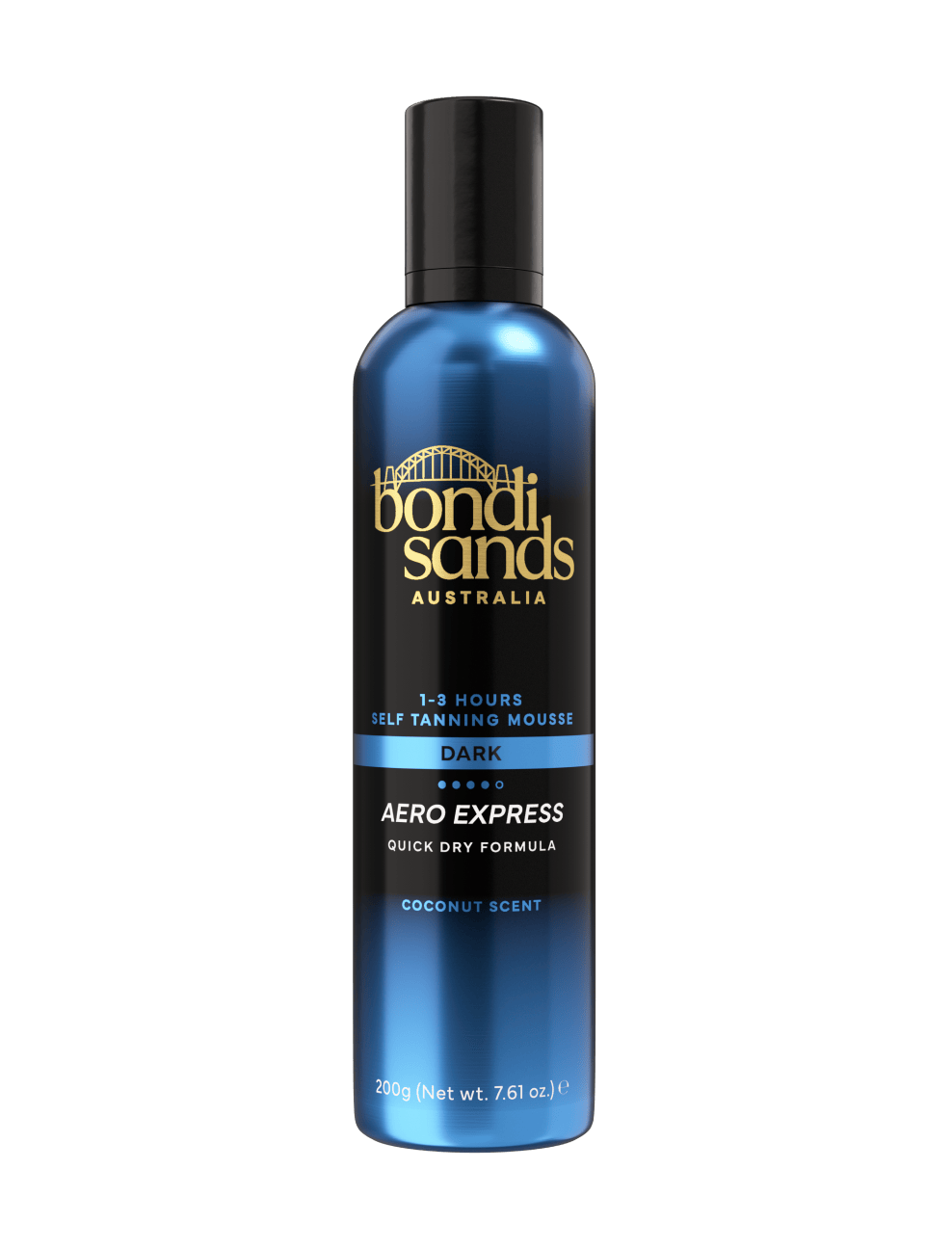 A blue can of BondiSandsEU Express Aero Self Tanning Mousse, labeled Dark and Coconut Scent, features gold and white text with a black cap and contains 200g (7.61 oz). Enjoy a deep bronze glow fast thanks to its quick-dry formula.
