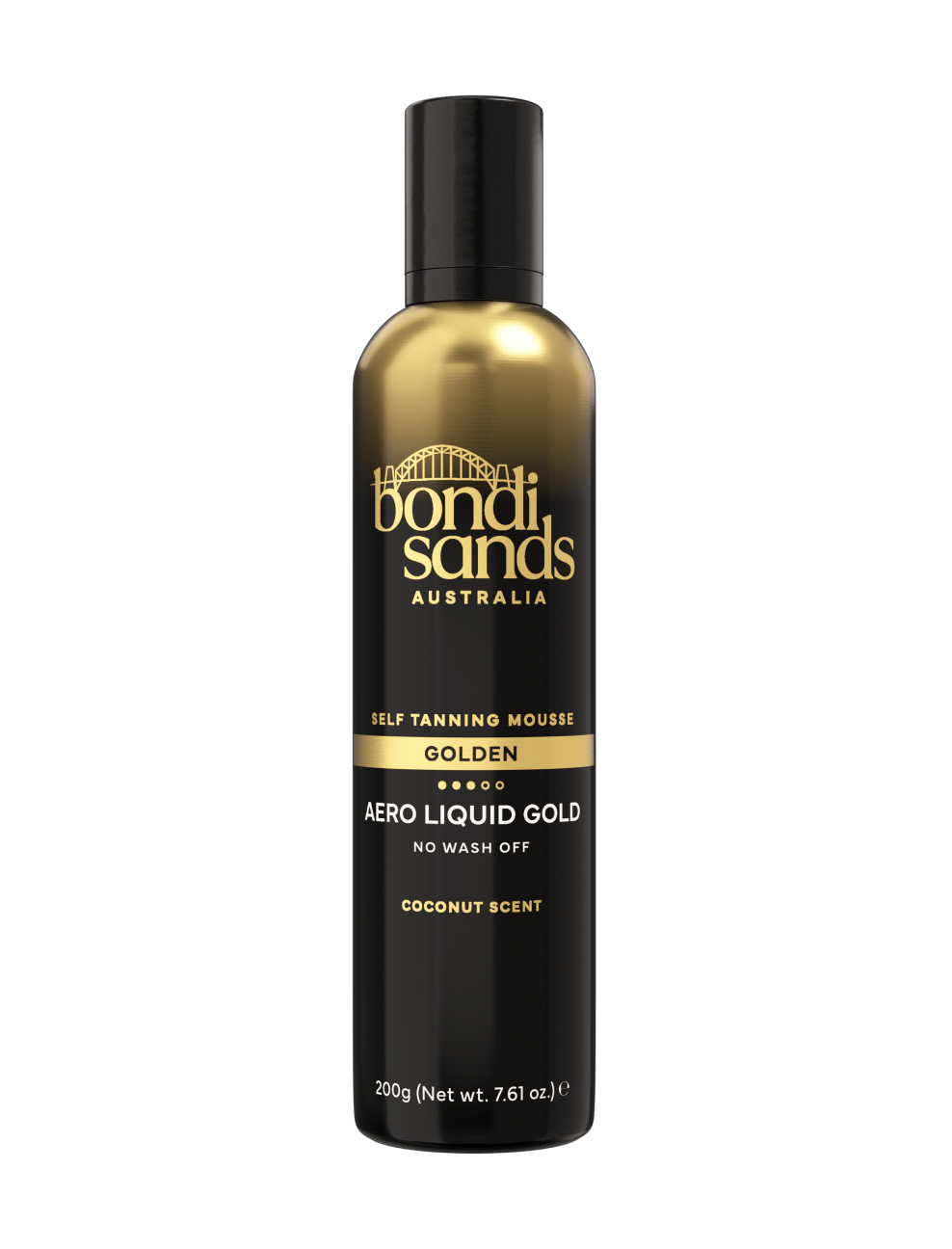 A black and gold bottle of BondiSandsEU Liquid Gold Aero Self Tanning Mousse, featuring a coconut scent and labeled as no wash off.