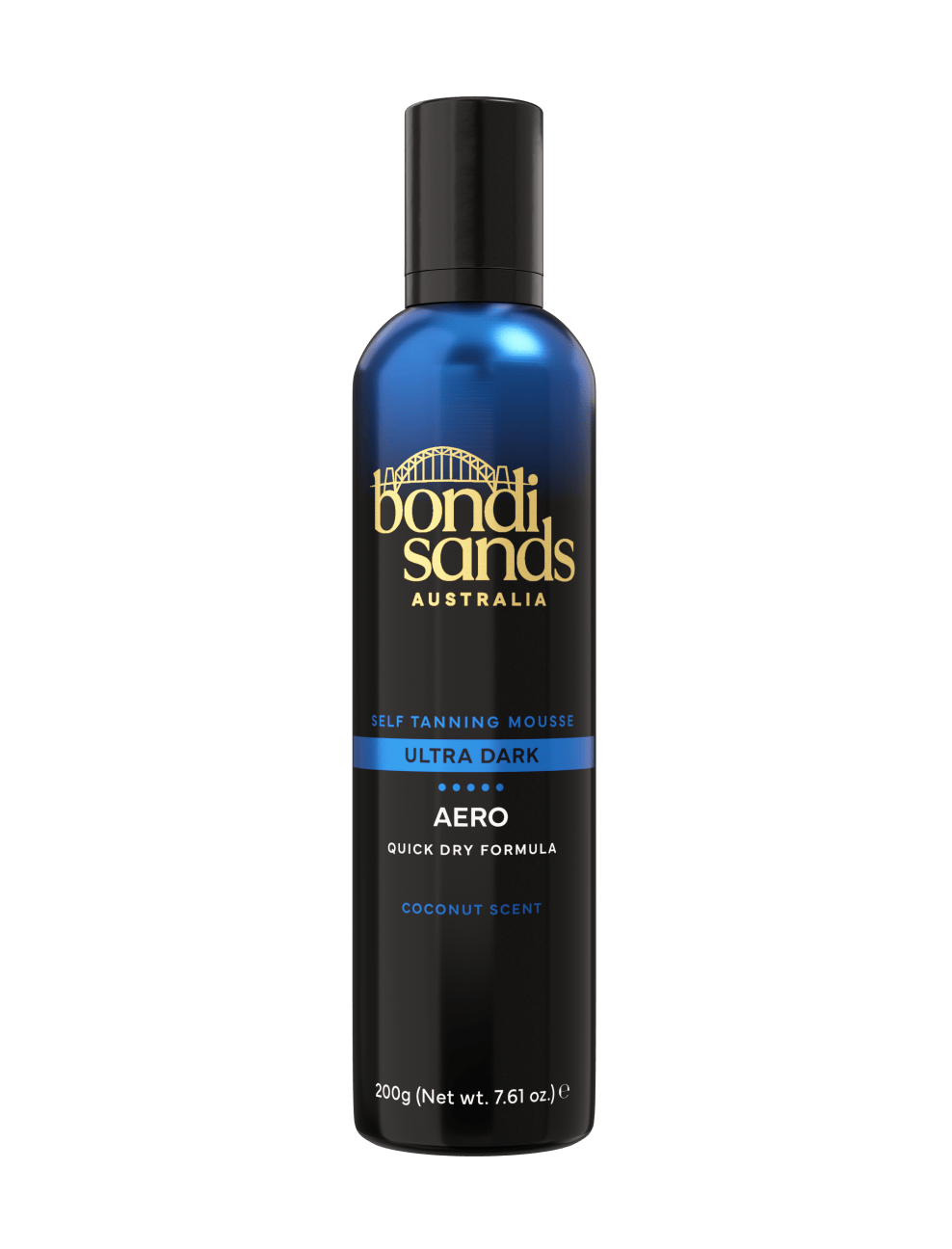 A blue and black bottle of BondiSandsEU Ultra Dark Aero Self Tanning Mousse, adorned with bold gold text and a coconut scent label, is displayed against a plain white background. This quick-drying self tanning mousse delivers an ultra dark finish for a flawless, bronzed appearance.