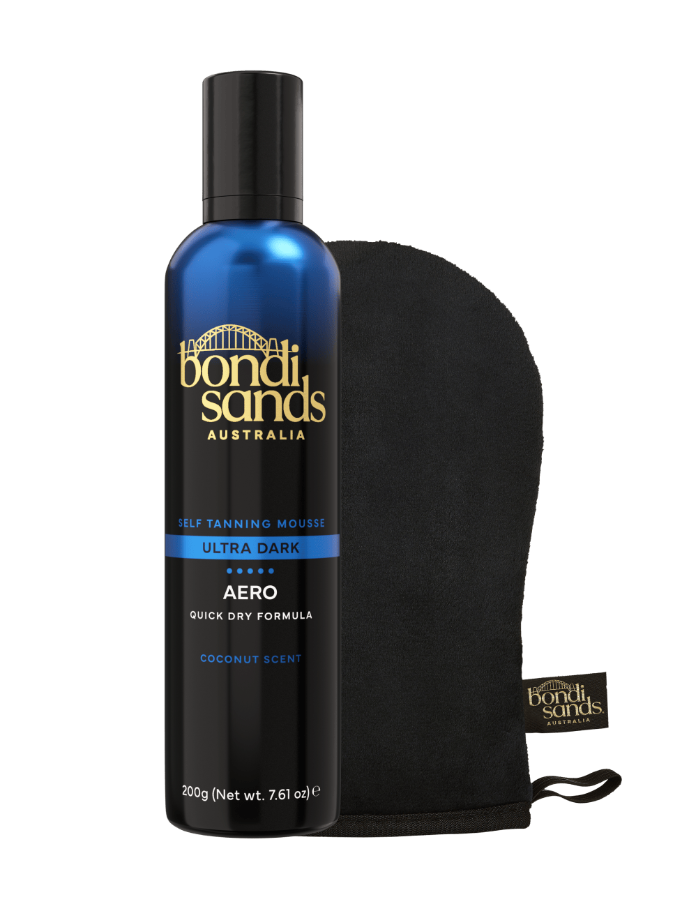 A bottle of BondiSandsEU Ultra Dark Aero Self Tanning Mousse and a black application mitt from the bundle are displayed together on a white background.