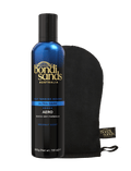 A bottle of BondiSandsEU Ultra Dark Aero Self Tanning Mousse and a black application mitt from the bundle are displayed together on a white background.