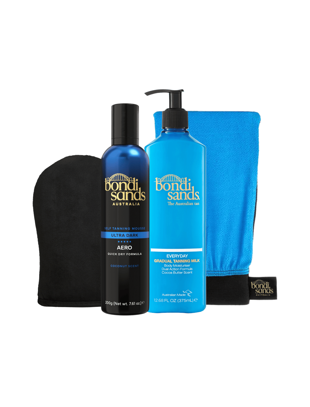 The BondiSandsEU Ultra Dark Aero Self Tanning Routine Bundle showcases a black tanning mitt, a blue bottle of Aero Ultra Dark Self Tanning Mousse, a blue bottle of Gradual Self Tanning Milk, and a blue exfoliating mitt—all elegantly displayed against a white background.
