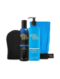 The BondiSandsEU Ultra Dark Aero Self Tanning Routine Bundle showcases a black tanning mitt, a blue bottle of Aero Ultra Dark Self Tanning Mousse, a blue bottle of Gradual Self Tanning Milk, and a blue exfoliating mitt—all elegantly displayed against a white background.