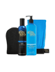 The BondiSandsEU Ultra Dark Aero Self Tanning Routine Bundle showcases a black tanning mitt, a blue bottle of Aero Ultra Dark Self Tanning Mousse, a blue bottle of Gradual Self Tanning Milk, and a blue exfoliating mitt—all elegantly displayed against a white background.