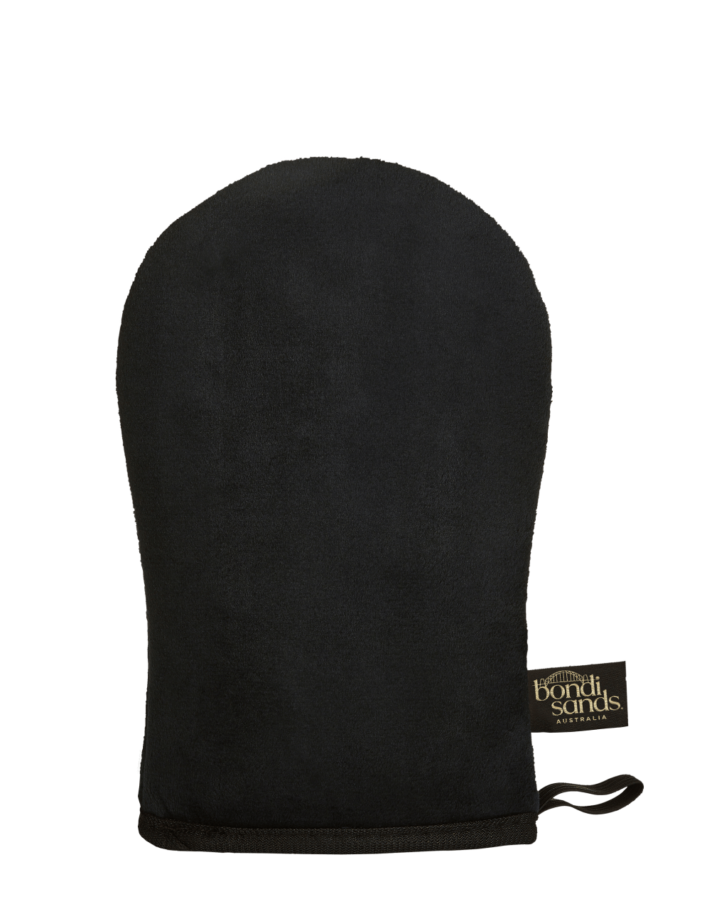 A black, oval-shaped Application Mitt from BondiSandsEU features a thumb and a small Bondi Sands label on the right side. Designed to deliver a streak-free glow, it is set against a plain white background.