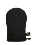 A black, oval-shaped Application Mitt from BondiSandsEU features a thumb and a small Bondi Sands label on the right side. Designed to deliver a streak-free glow, it is set against a plain white background.