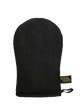 A black, oval-shaped Application Mitt from BondiSandsEU features a thumb and a small Bondi Sands label on the right side. Designed to deliver a streak-free glow, it is set against a plain white background.