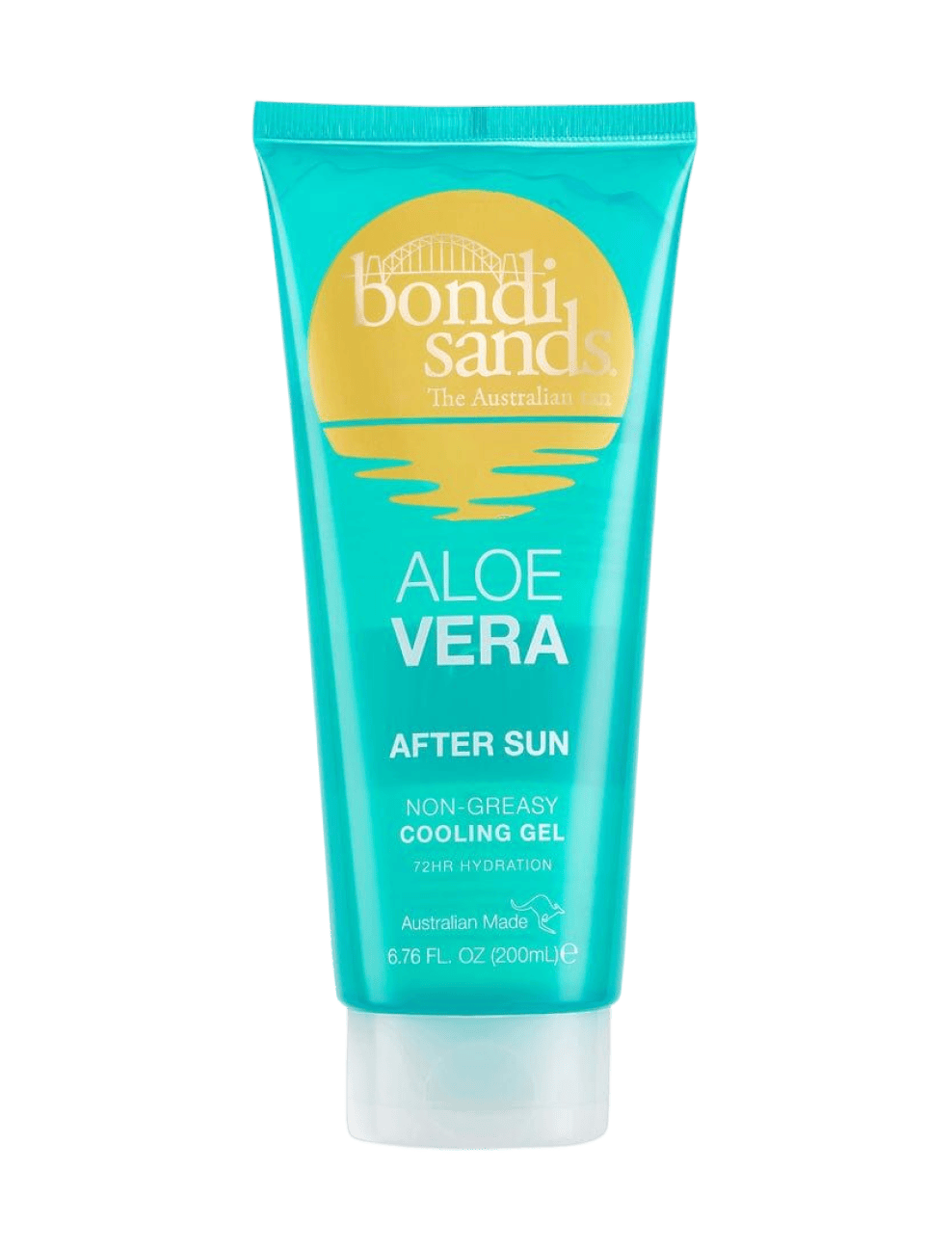 Turquoise tube of BondiSandsEU Aloe Vera After Sun Gel, 200 mL, featuring a yellow sun logo and text highlighting 72-hour hydrating after-sun care; a non-greasy cooling gel designed to soothe sun-exposed skin.
