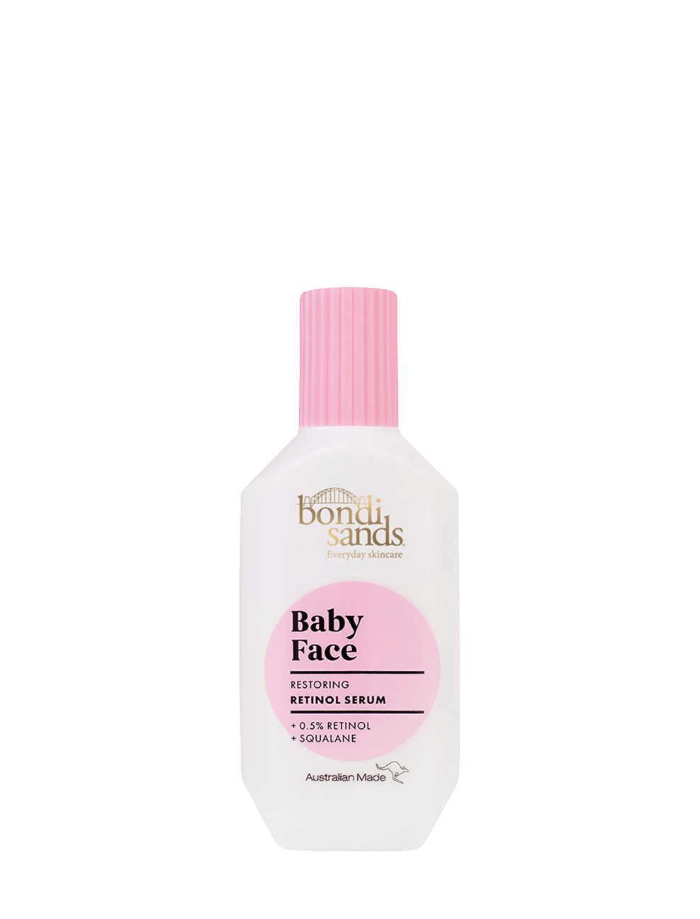 A white bottle of BondiSandsEU Baby Face Retinol Serum with a pink cap and label, displaying product details in black and gold text, sits on a plain white background. Specially formulated as a retinol serum, it helps target fine lines for smoother, more youthful-looking skin.