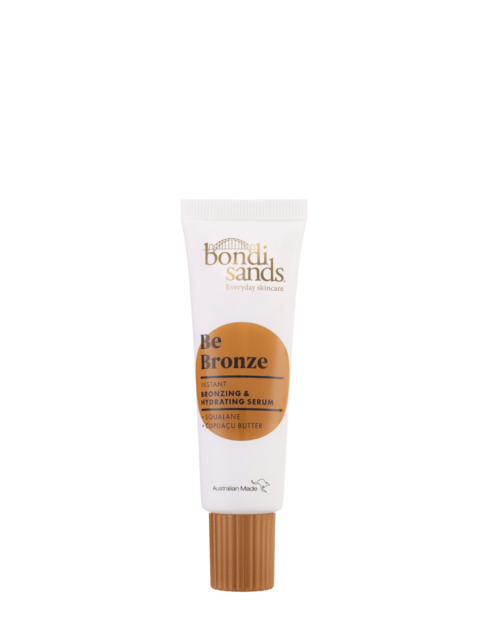 A white tube of BondiSandsEU Be Bronze Instant Bronzing & Hydrating Serum, featuring a gold cap and brown label, stands upright against a plain white background. This glow-boosting serum instantly imparts a bronzed tint for radiant, sun-kissed skin.