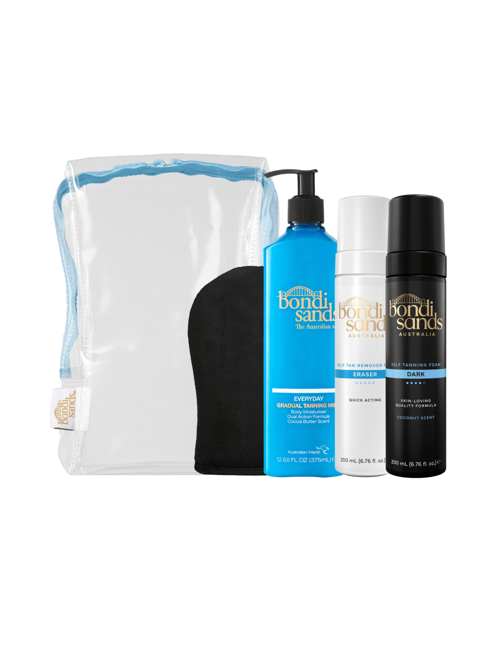 The BondiSandsEU Best Of Bondi Gift Set features a clear zippered bag, a blue pump lotion bottle, a black tanning mitt, and two spray bottles—one white and one black—arranged side by side. Ideal for your self-tanning routine, this set works perfectly with the Bondi Sands self tan remover to help you achieve flawless results every time.