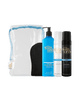The BondiSandsEU Best Of Bondi Gift Set features a clear zippered bag, a blue pump lotion bottle, a black tanning mitt, and two spray bottles—one white and one black—arranged side by side. Ideal for your self-tanning routine, this set works perfectly with the Bondi Sands self tan remover to help you achieve flawless results every time.